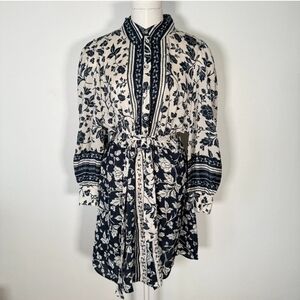 ba&sh Dark Navy and White Long Sleeve Bishop Collar Dress